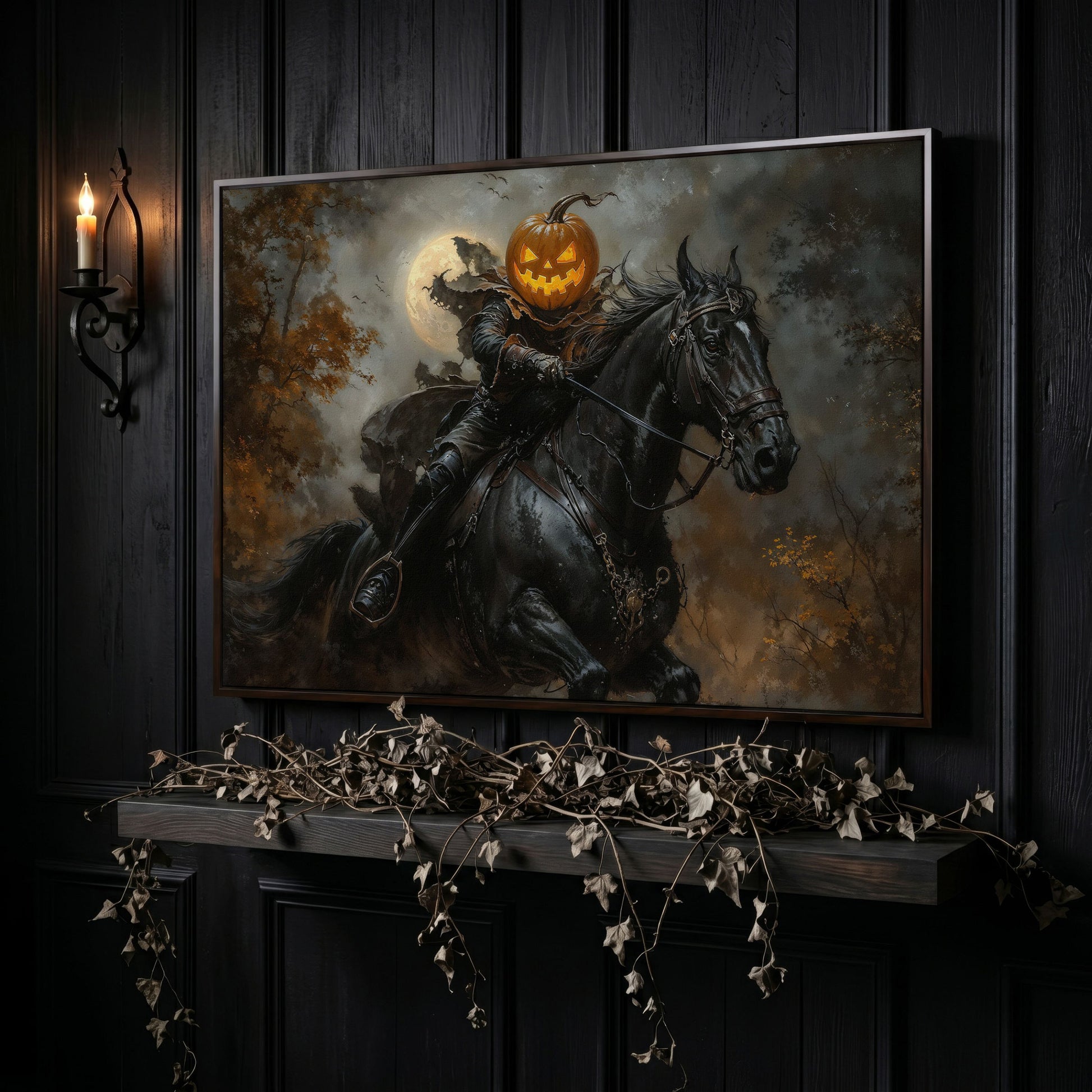 Pumpkin Head Horseman Canvas in dark walnut floating frame