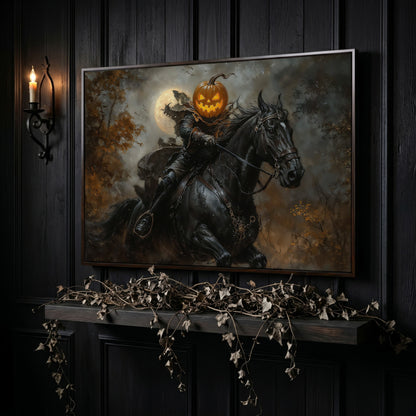 Pumpkin Head Horseman Canvas in dark walnut floating frame
