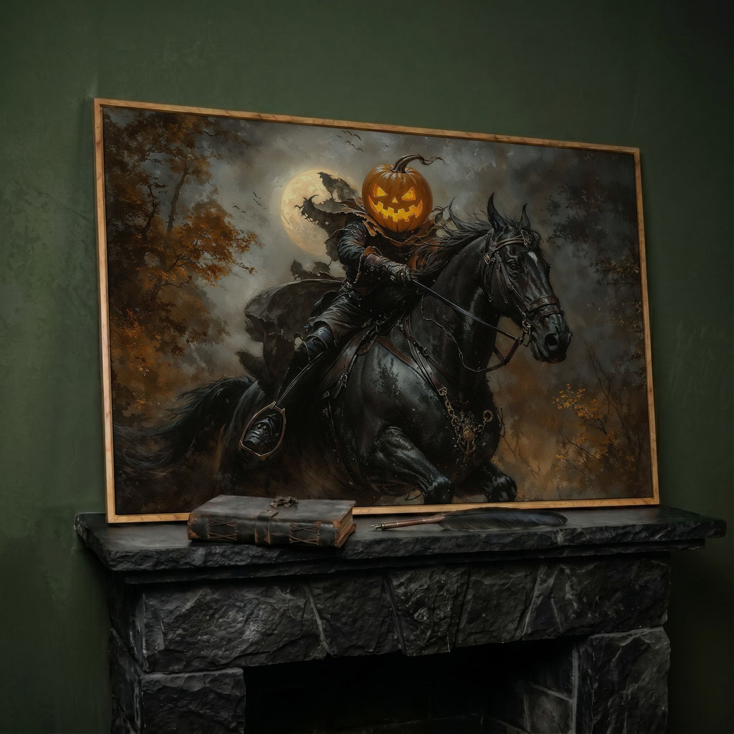 Pumpkin Head Horseman Canvas in white oak floating frame