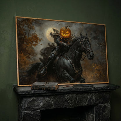Pumpkin Head Horseman Canvas in white oak floating frame