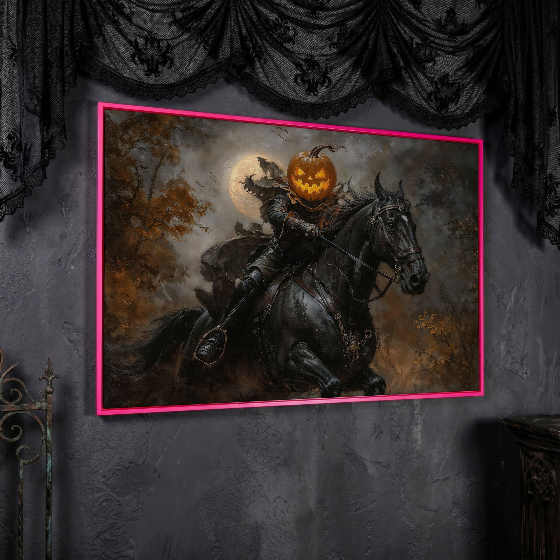 Pumpkin Head Horseman Canvas in pink floating frame