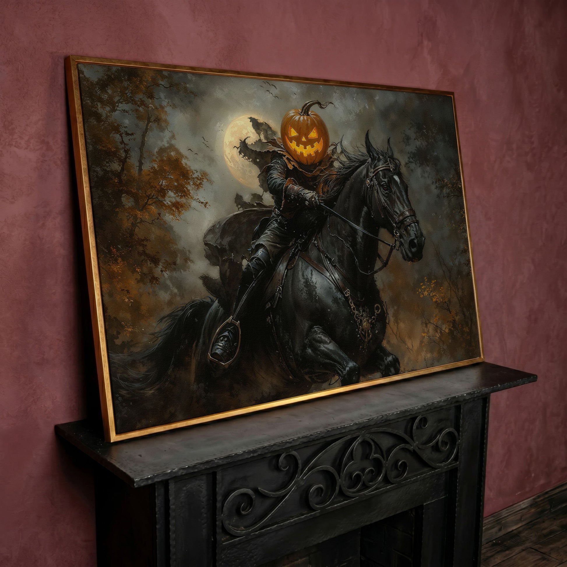 Pumpkin Head Horseman Canvas in rose gold floating frame