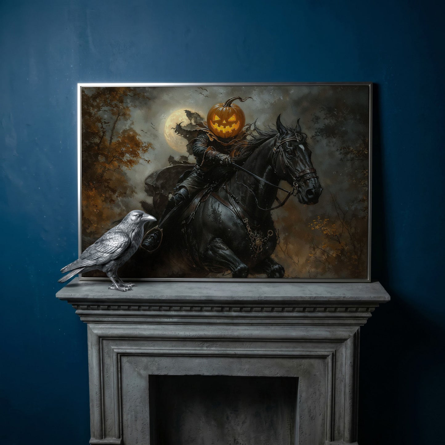 Pumpkin Head Horseman Canvas in silver floating frame