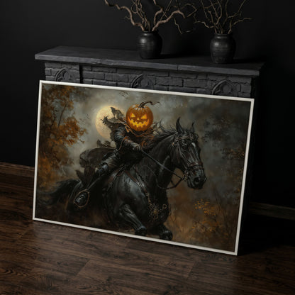 Pumpkin Head Horseman Canvas in white floating frame
