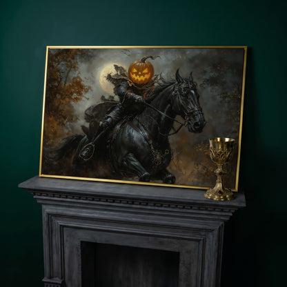 Pumpkin Head Horseman Canvas in yellow gold floating frame