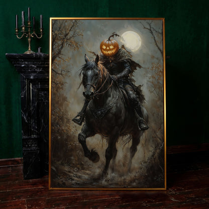 Headless Horseman Pumpkin Rider Canvas in antique gold floating frame