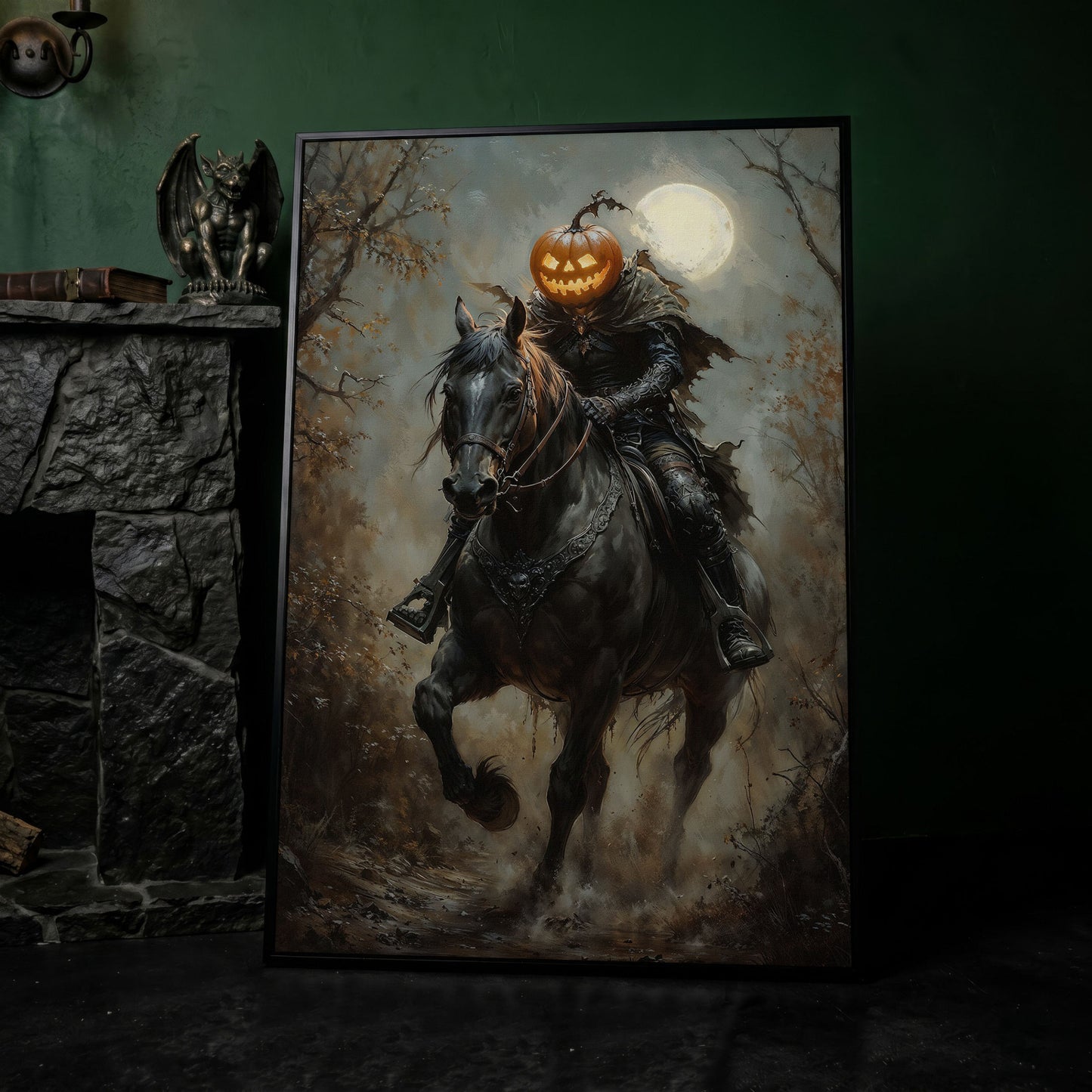 Headless Horseman Pumpkin Rider Canvas in black floating frame