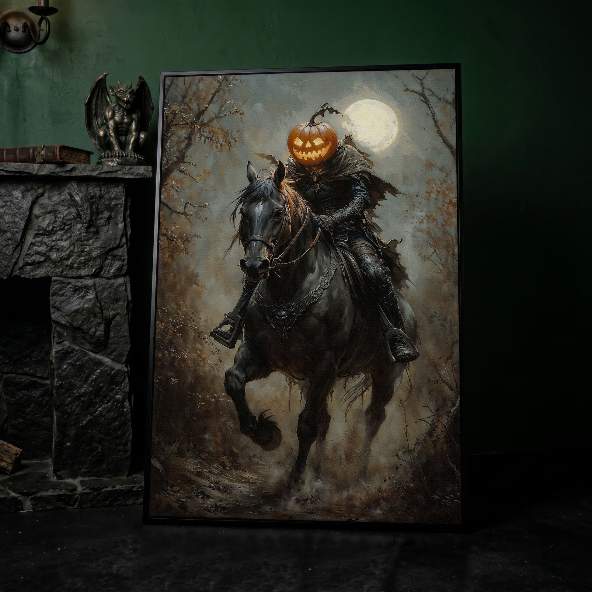 Headless Horseman Pumpkin Rider Canvas in black floating frame