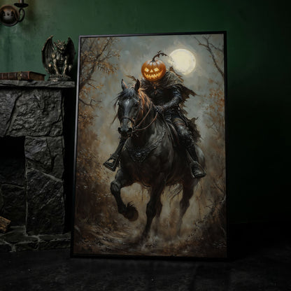 Headless Horseman Pumpkin Rider Canvas in black floating frame