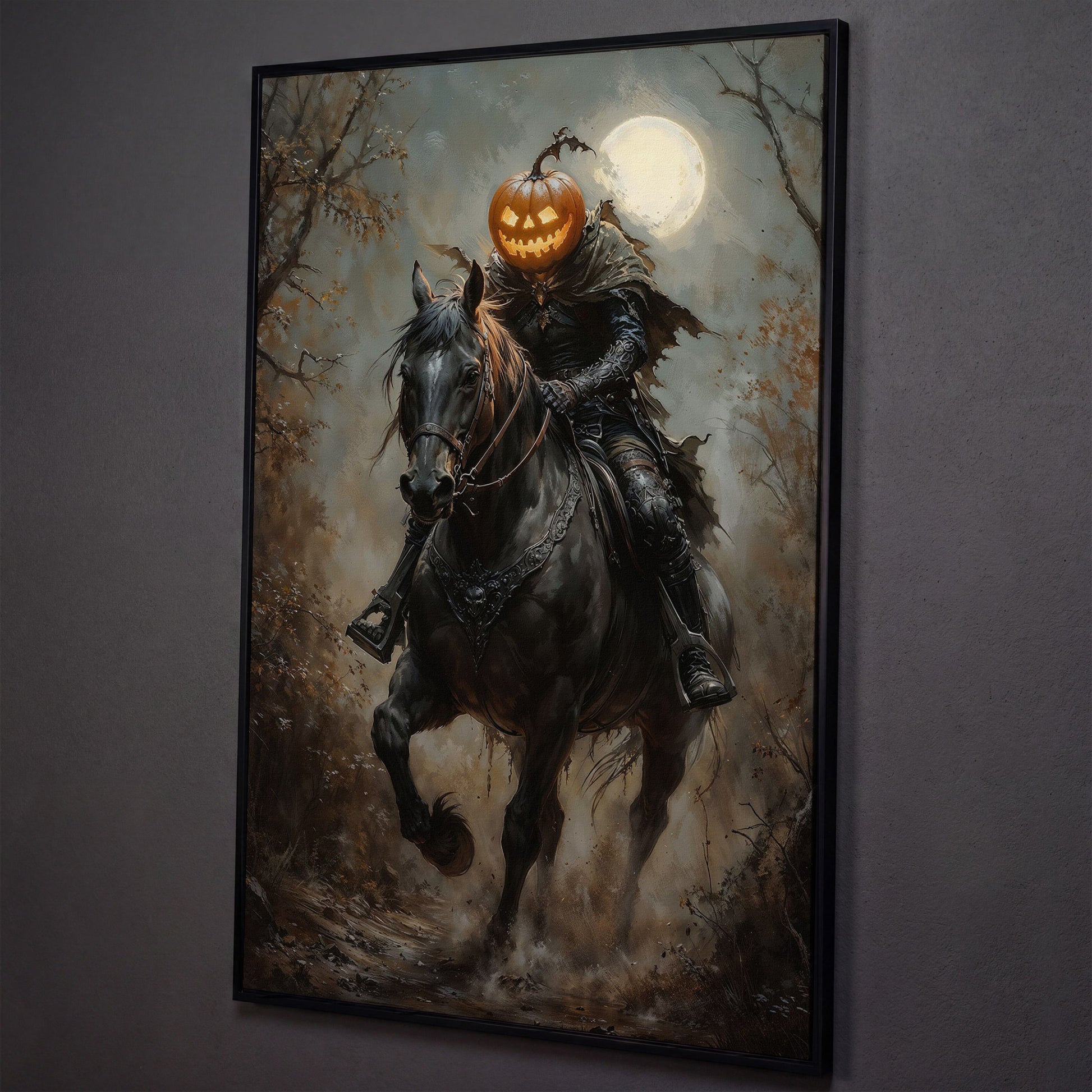 Headless Horseman Pumpkin Rider Canvas shown in black floating frame