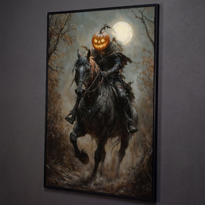 Headless Horseman Pumpkin Rider Canvas shown in black floating frame