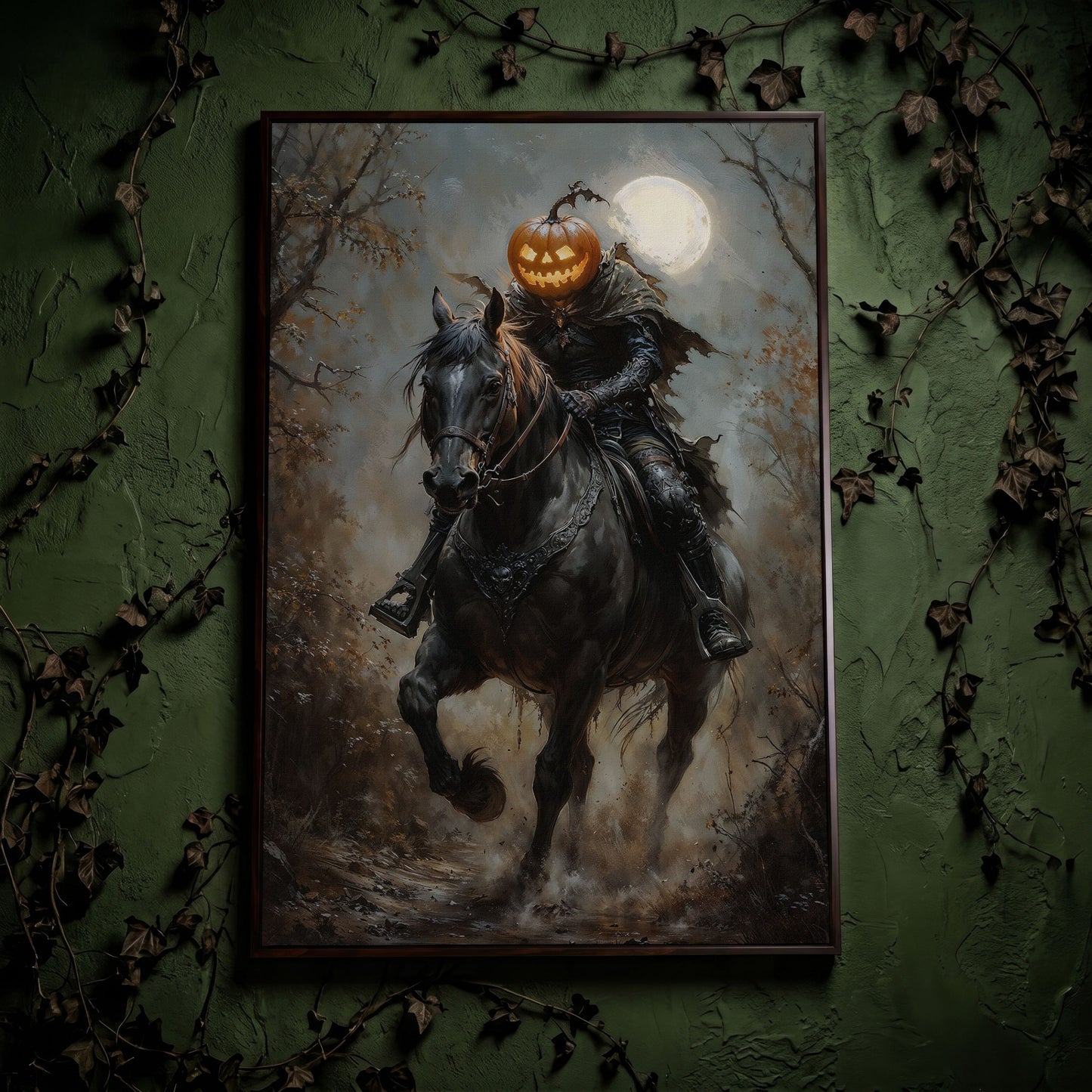 Headless Horseman Pumpkin Rider Canvas in dark walnut floating frame