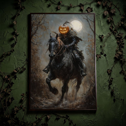 Headless Horseman Pumpkin Rider Canvas in dark walnut floating frame