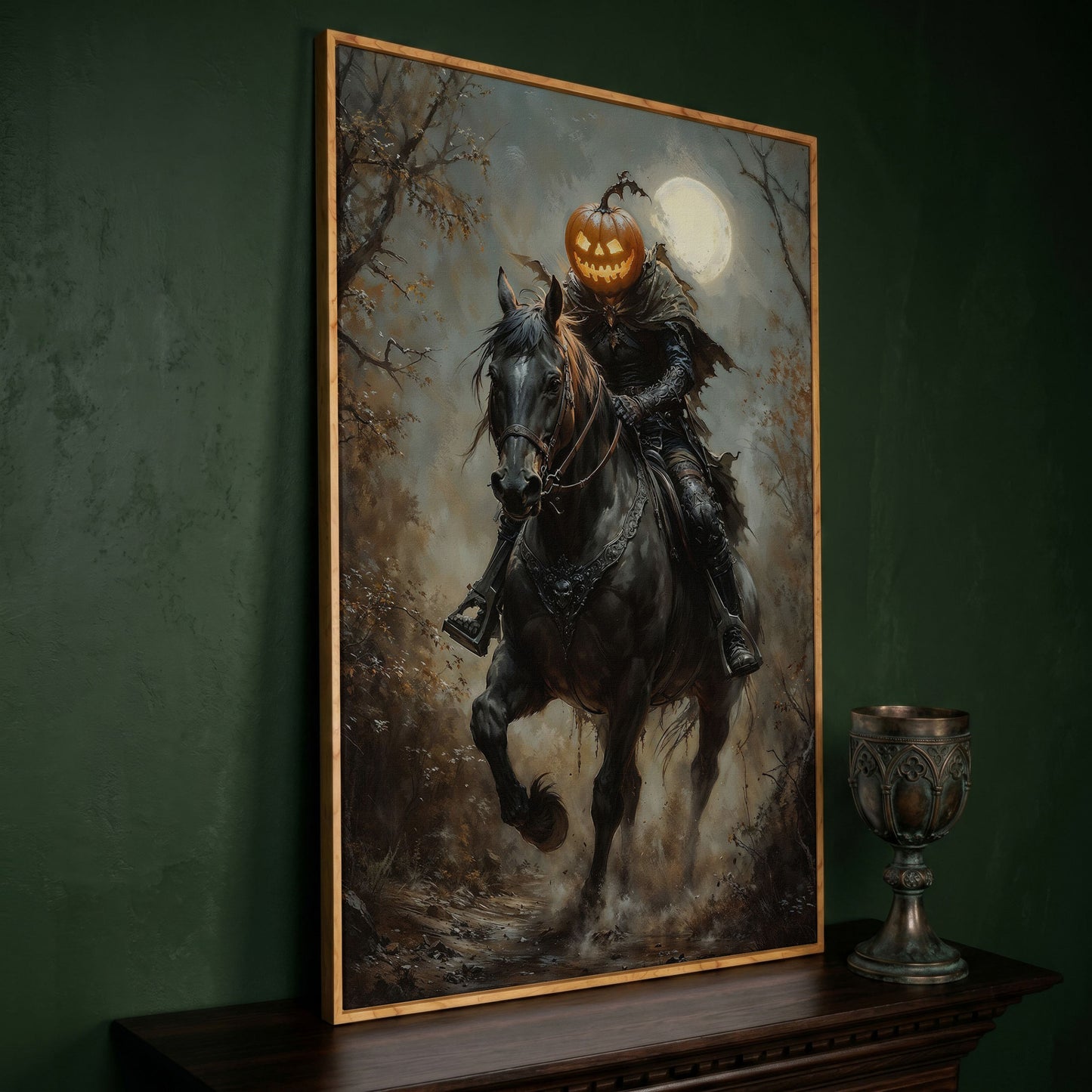 Headless Horseman Pumpkin Rider Canvas in white oak floating frame