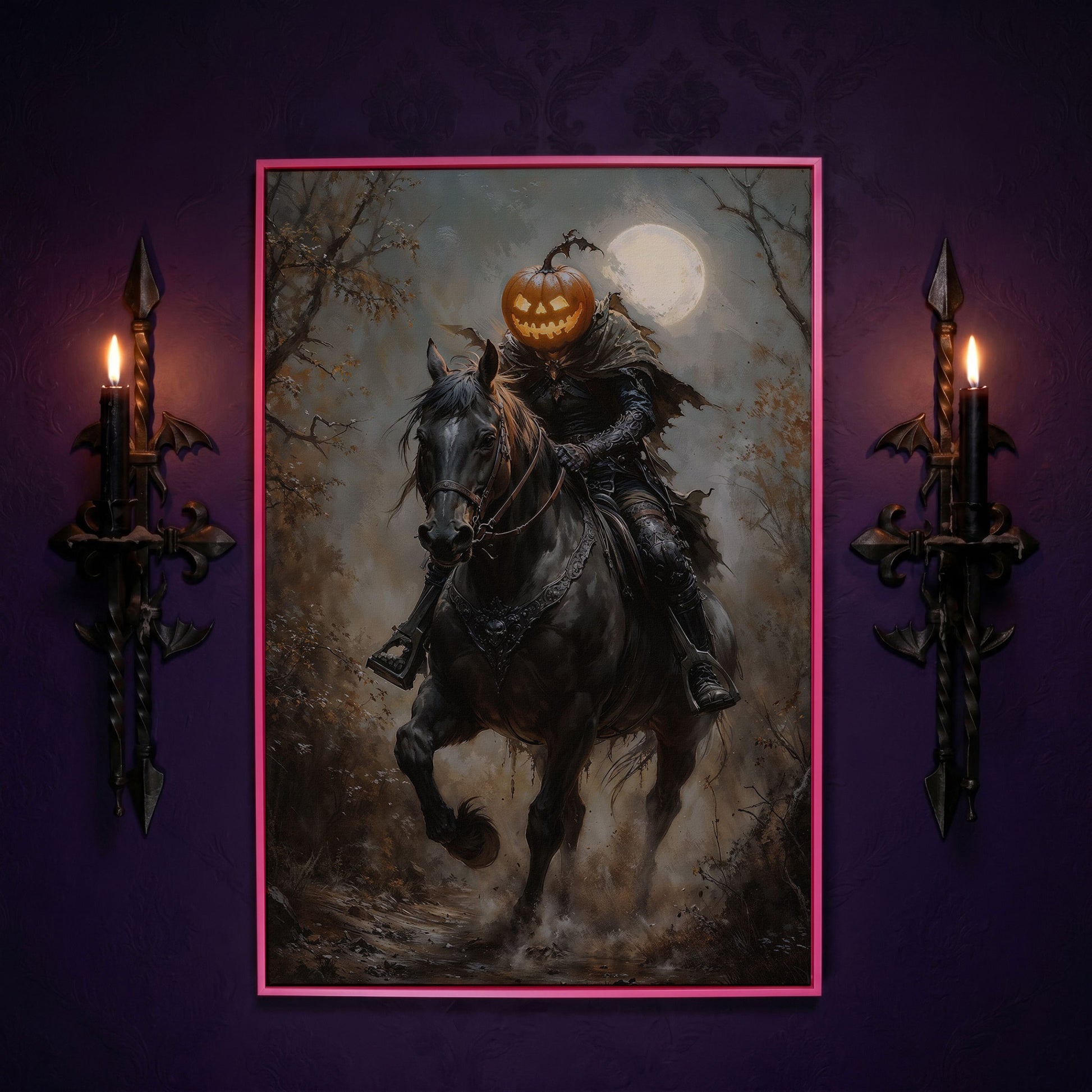 Headless Horseman Pumpkin Rider Canvas in pink floating frame