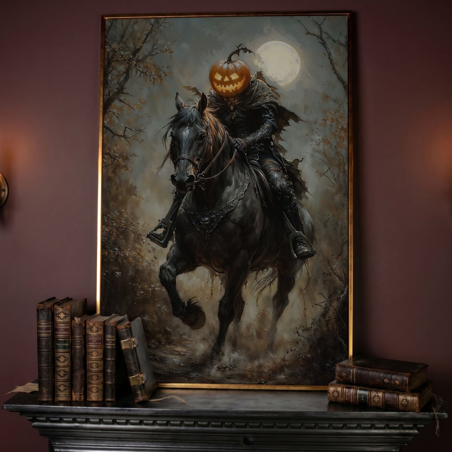 Headless Horseman Pumpkin Rider Canvas in rose gold floating frame