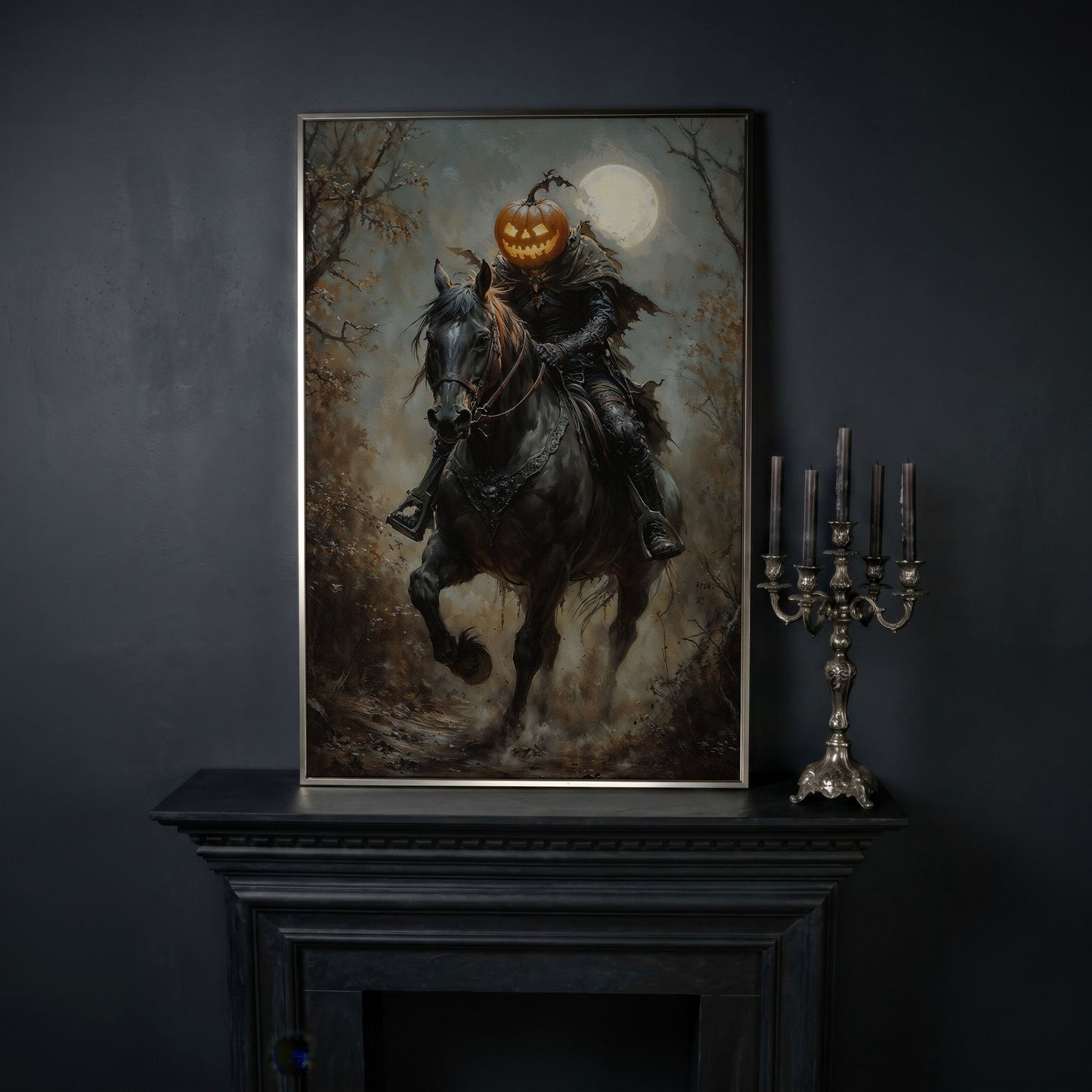 Headless Horseman Pumpkin Rider Canvas in silver floating frame