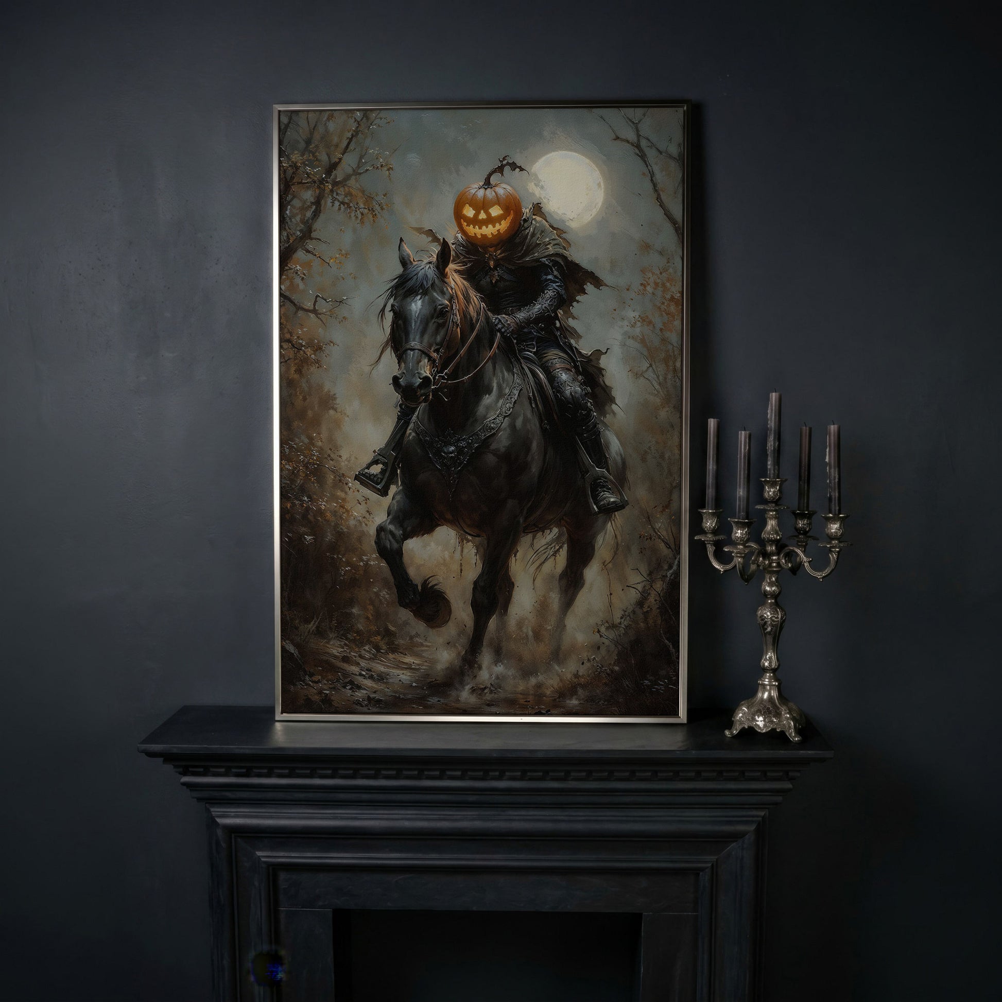 Headless Horseman Pumpkin Rider Canvas in silver floating frame