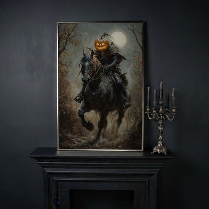 Headless Horseman Pumpkin Rider Canvas in silver floating frame