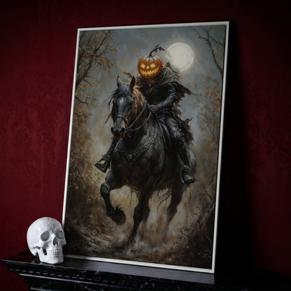 Headless Horseman Pumpkin Rider Canvas in white floating frame