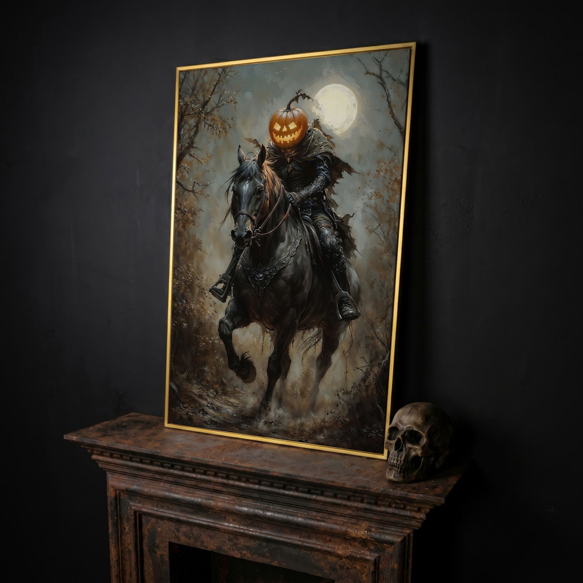 Headless Horseman Pumpkin Rider Canvas in yellow gold floating frame