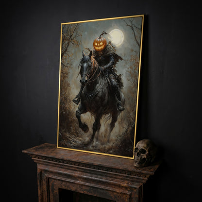 Headless Horseman Pumpkin Rider Canvas in yellow gold floating frame