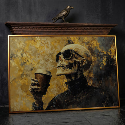 Skeleton with Coffee Cup Gothic Canvas Art in antique gold floating frame