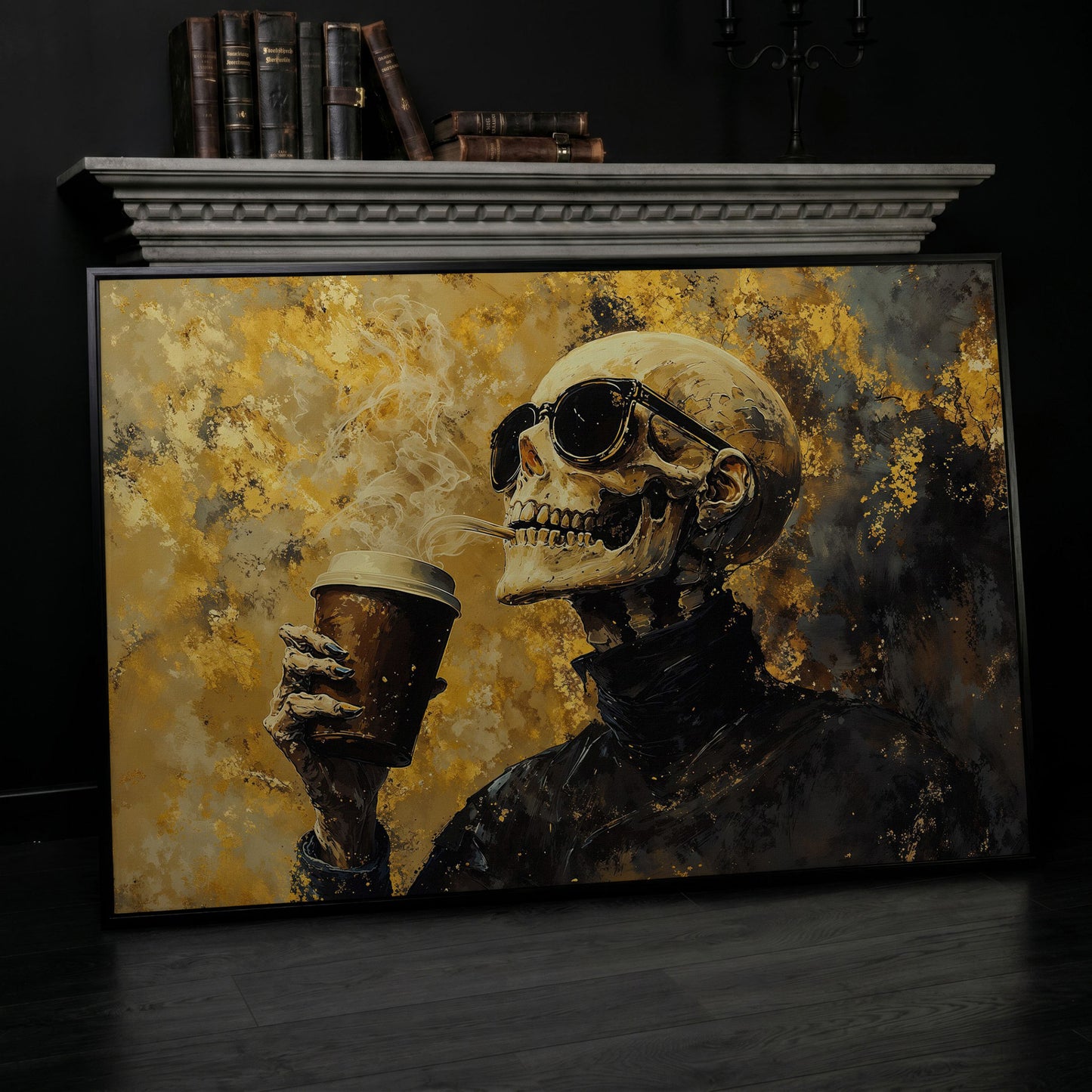 Skeleton with Coffee Cup Gothic Canvas Art in black floating frame