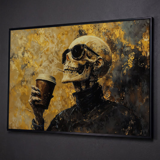 Skeleton with Coffee Cup Gothic Canvas Art shown in black floating frame
