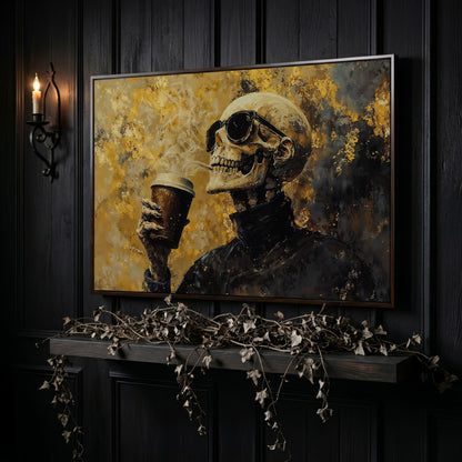 Skeleton with Coffee Cup Gothic Canvas Art in dark walnut floating frame