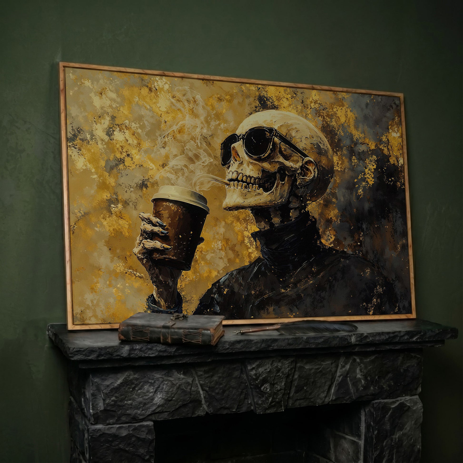 Skeleton with Coffee Cup Gothic Canvas Art in white oak floating frame