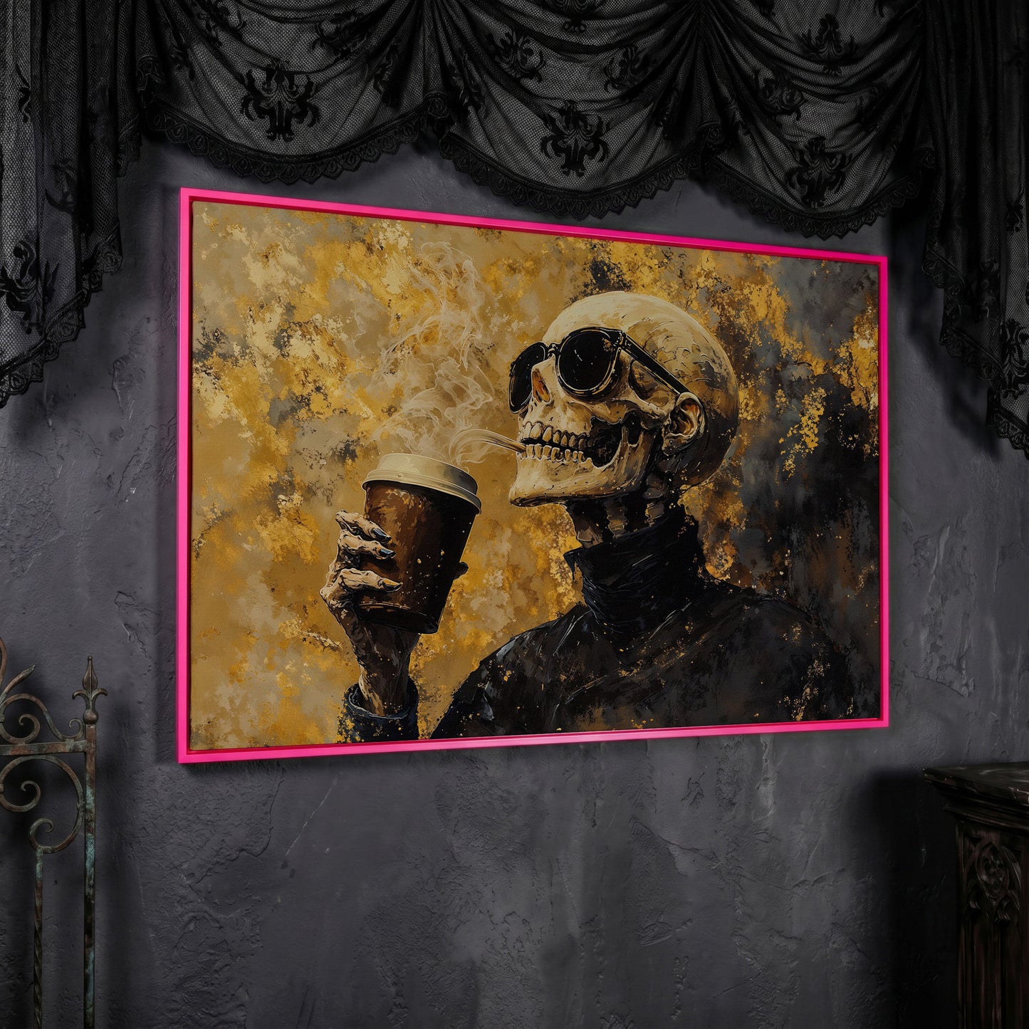 Skeleton with Coffee Cup Gothic Canvas Art in pink floating frame