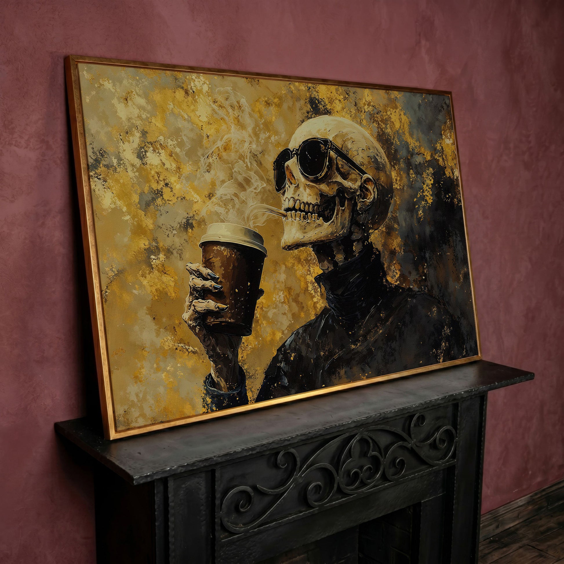 Skeleton with Coffee Cup Gothic Canvas Art in rose gold floating frame