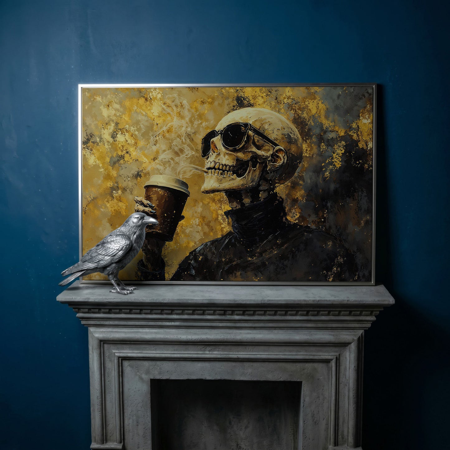 Skeleton with Coffee Cup Gothic Canvas Art in silver floating frame