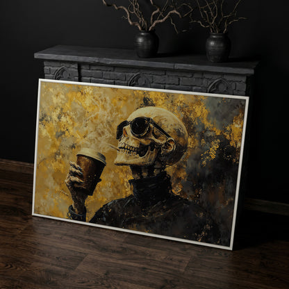 Skeleton with Coffee Cup Gothic Canvas Art in white floating frame