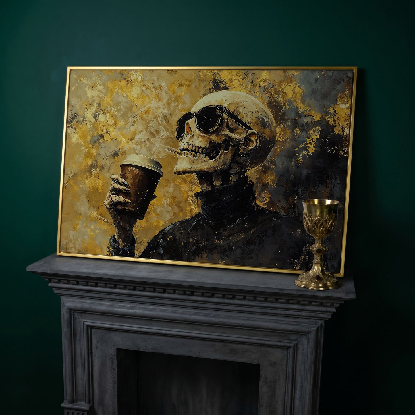 Skeleton with Coffee Cup Gothic Canvas Art in yellow gold floating frame