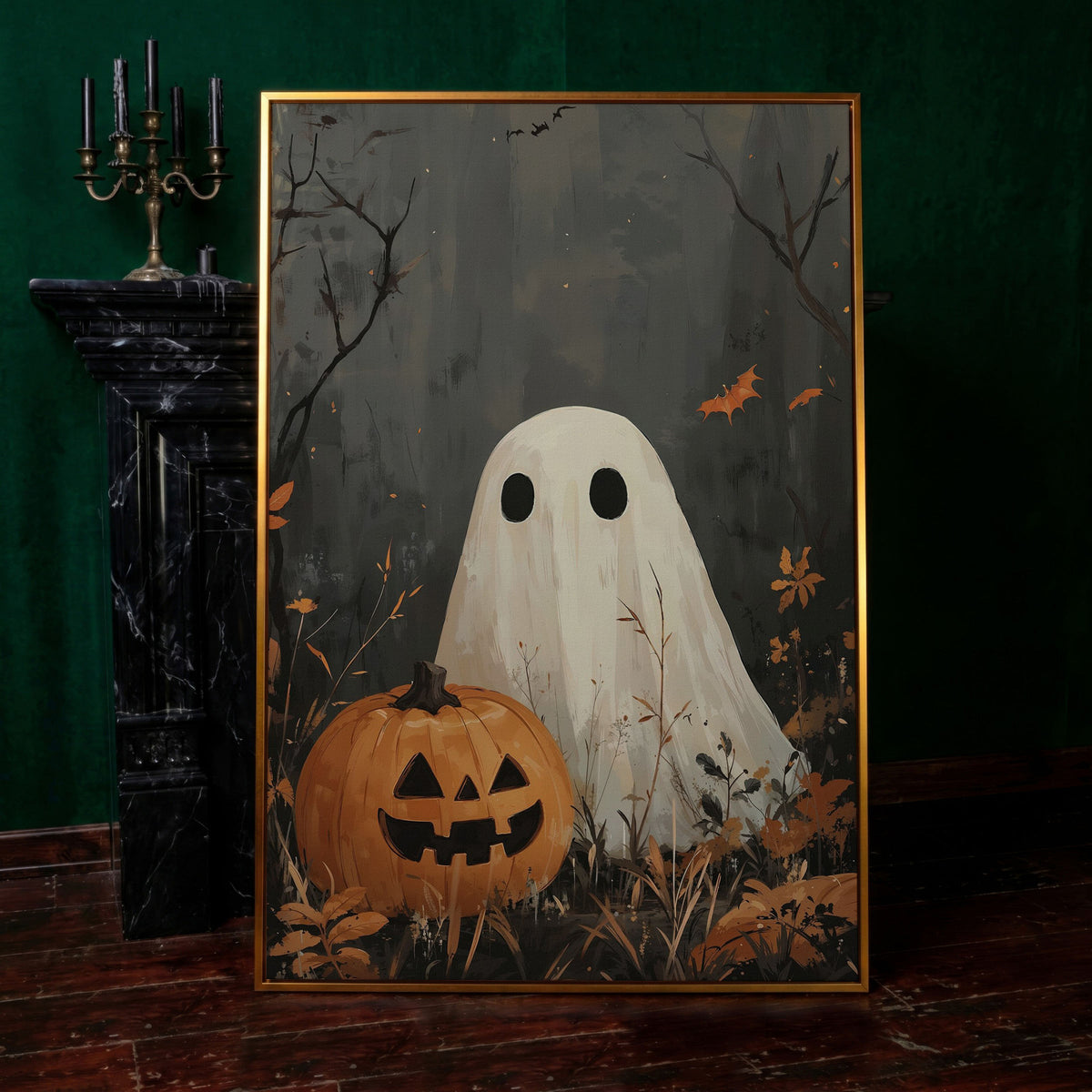 Ghost and Pumpkin Haunting Canvas Print in antique gold floating frame