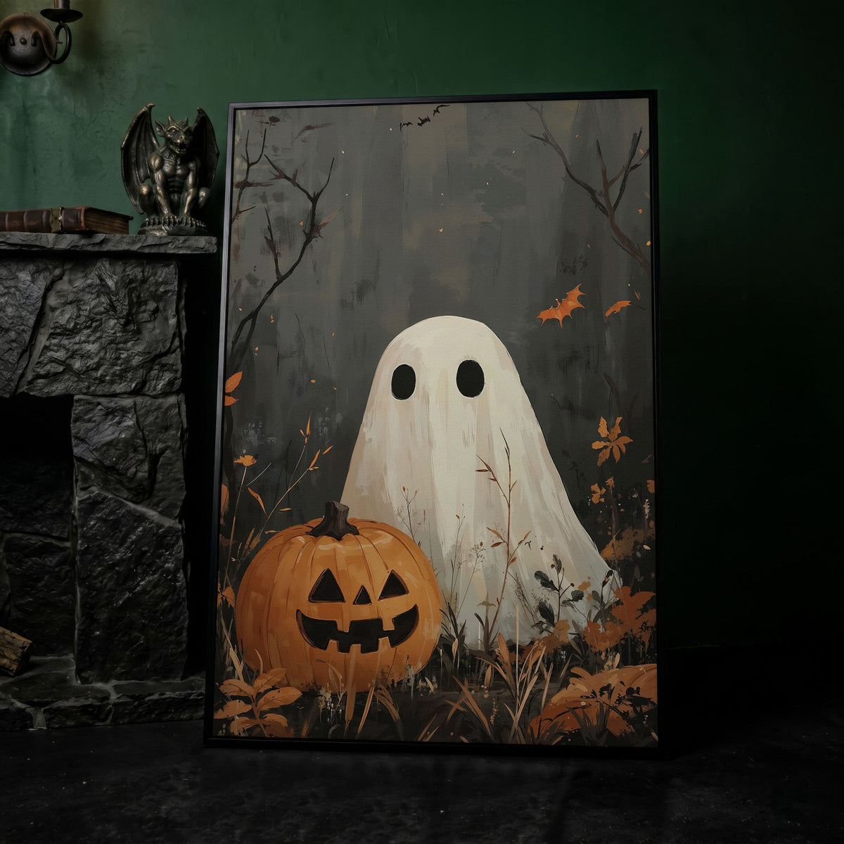 Ghost and Pumpkin Haunting Canvas Print in black floating frame