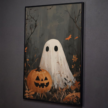 Ghost and Pumpkin Haunting Canvas Print shown in black floating frame