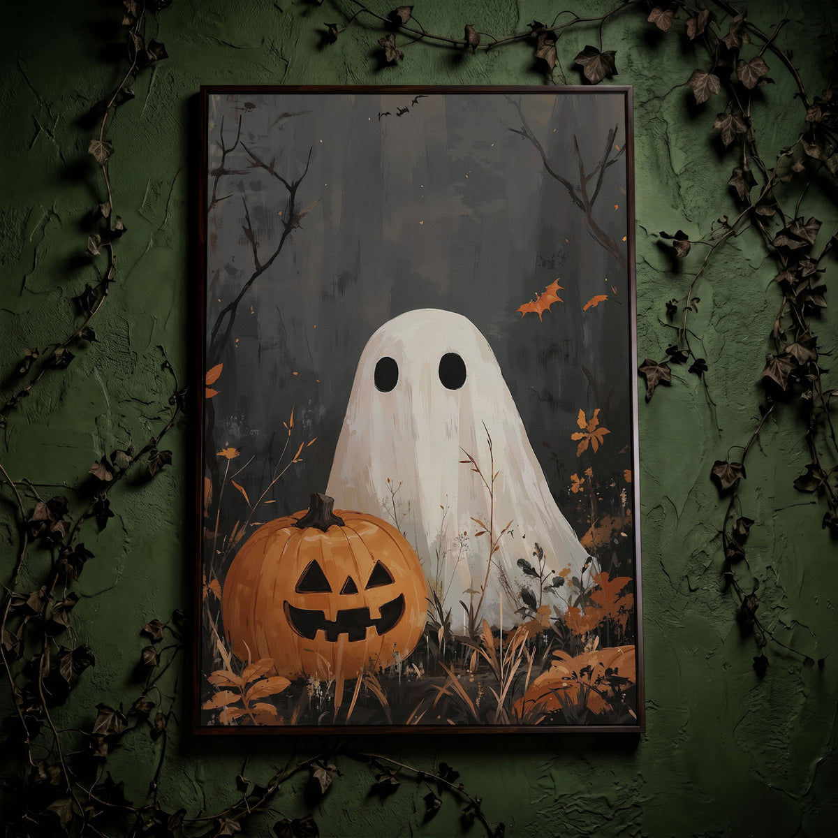 Ghost and Pumpkin Haunting Canvas Print in dark walnut floating frame