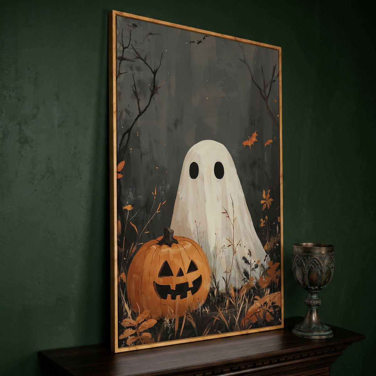Ghost and Pumpkin Haunting Canvas Print in white oak floating frame
