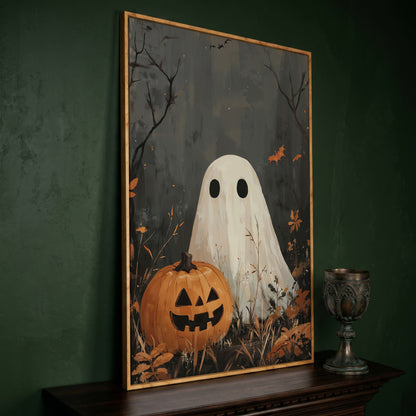 Ghost and Pumpkin Haunting Canvas Print in white oak floating frame