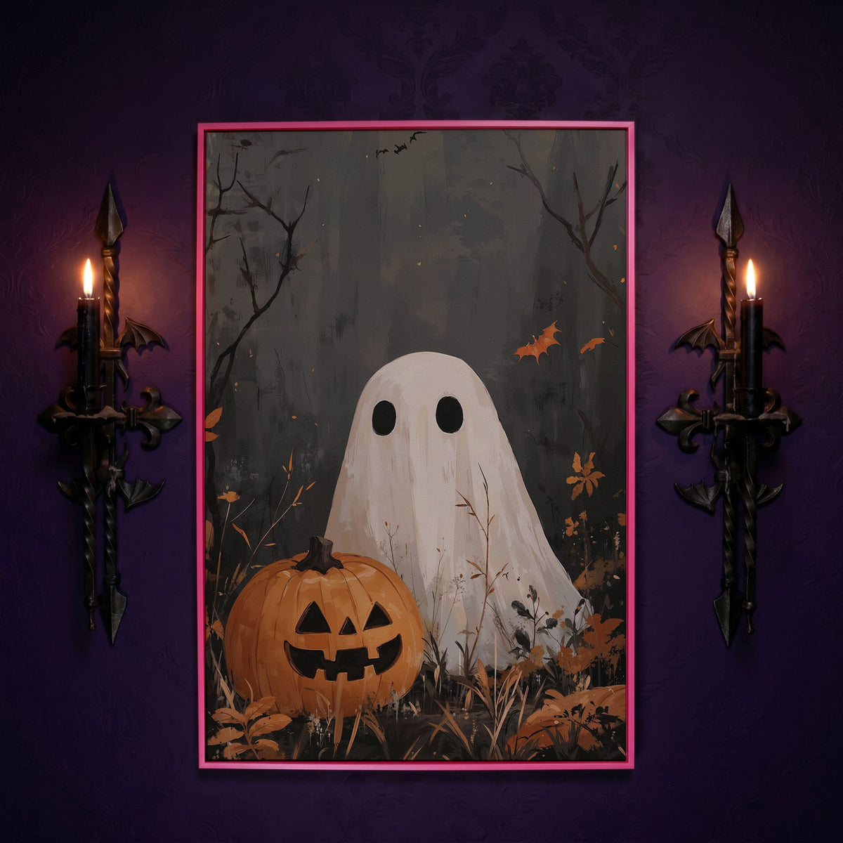 Ghost and Pumpkin Haunting Canvas Print in pink floating frame