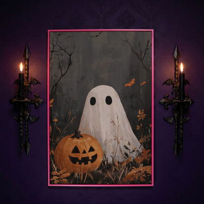 Ghost and Pumpkin Haunting Canvas Print in pink floating frame