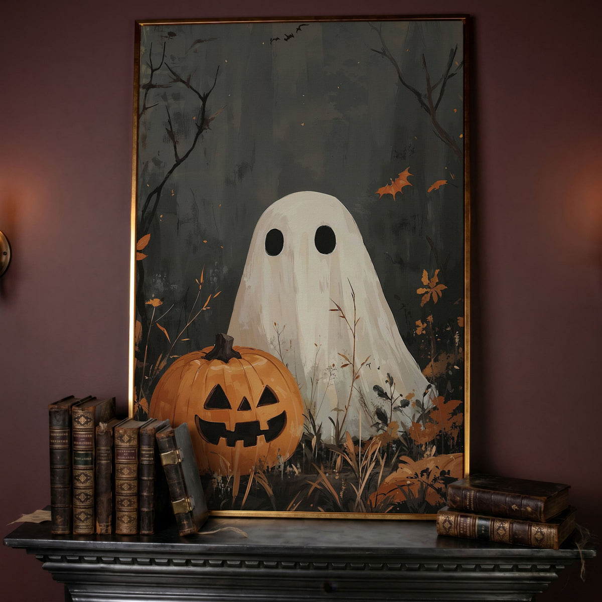Ghost and Pumpkin Haunting Canvas Print in rose gold floating frame