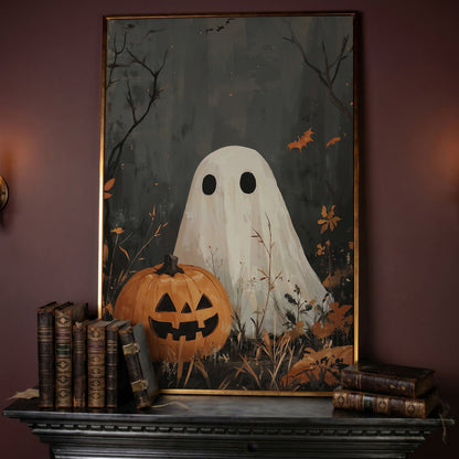 Ghost and Pumpkin Haunting Canvas Print in rose gold floating frame