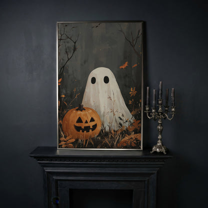 Ghost and Pumpkin Haunting Canvas Print in silver floating frame