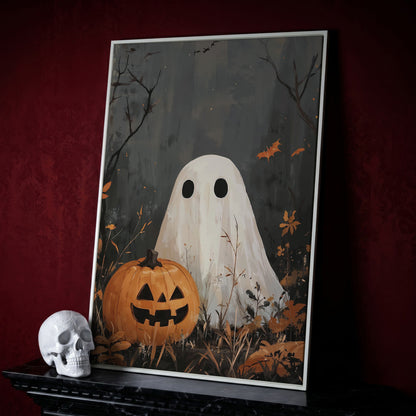 Ghost and Pumpkin Haunting Canvas Print in white floating frame