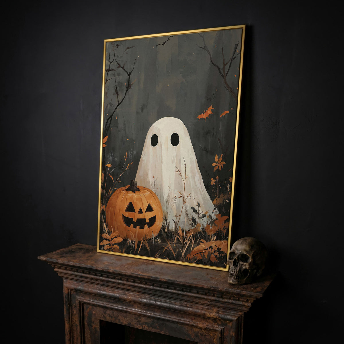 Ghost and Pumpkin Haunting Canvas Print in yellow gold floating frame