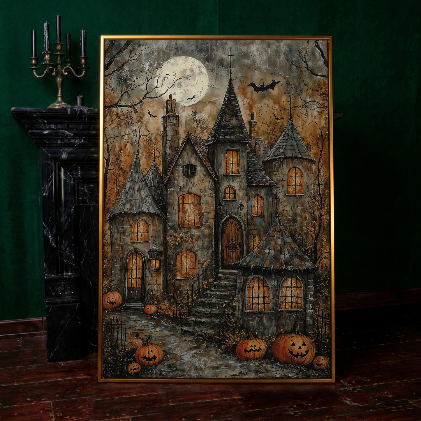 Haunted House with Pumpkins Canvas in antique gold floating frame